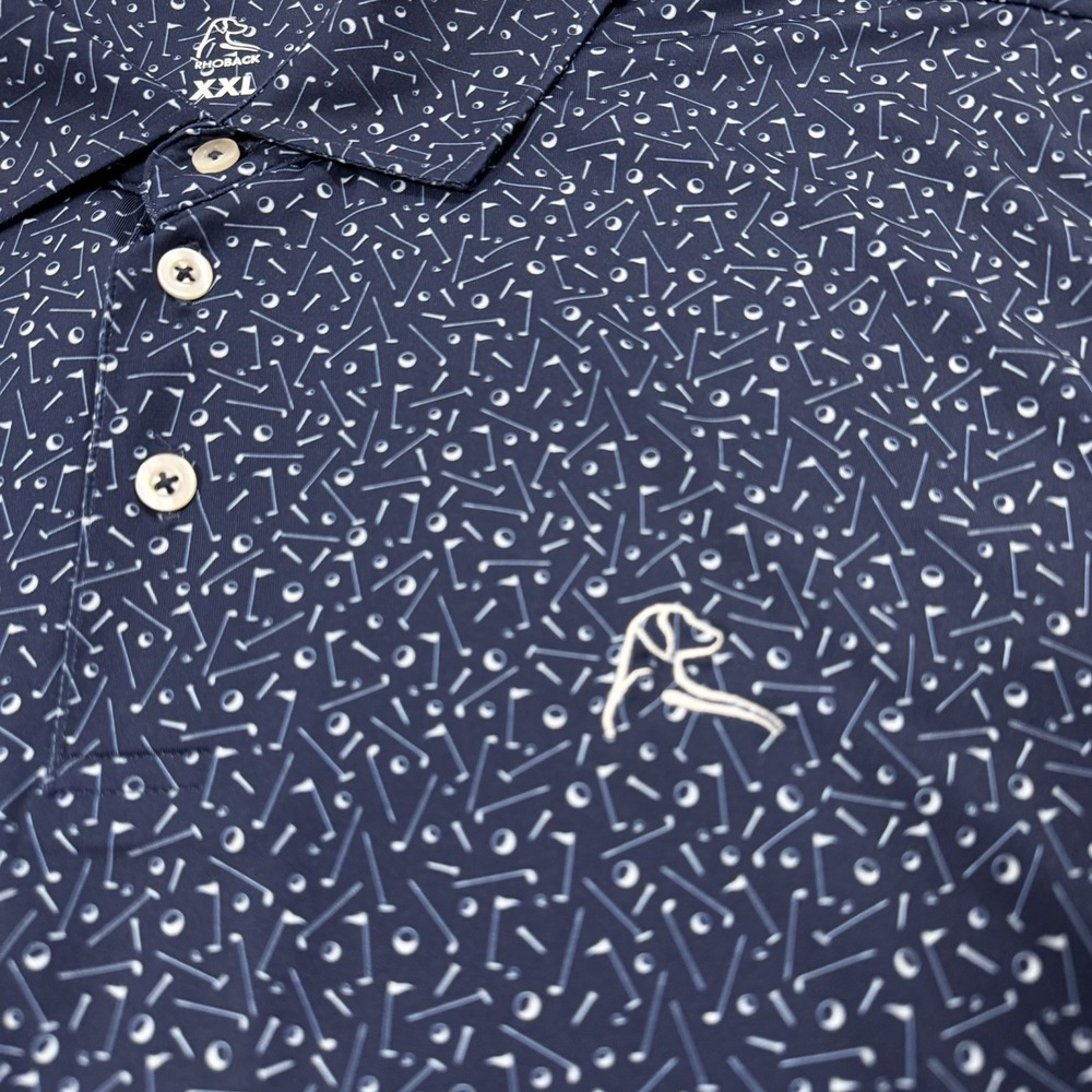 Rhoback The Mulligan Golf Polo Shirt Mens 2XL Blue Short Sleeve Performance AOP